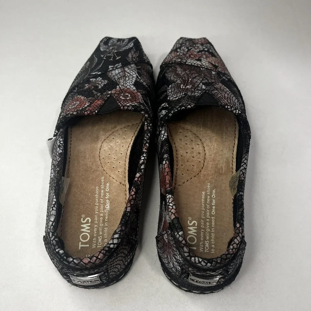TOMS Alargata Women Floral Leather Flats 6W Black Slip On Espadrille Shoes Comfy